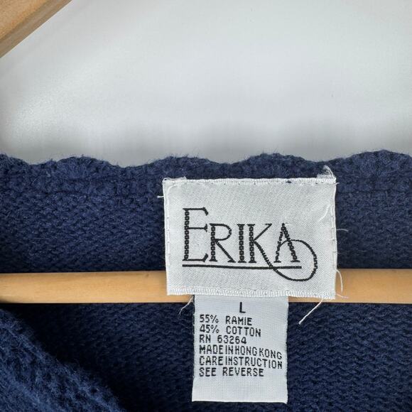 Vintage Erika Floral Embroidered 3D Knit Cardigan Sweater Navy Blue Size Large - Picture 3 of 7